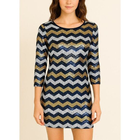 Sugar Lips brand Gold, black & white full sequined chevron print body con dress - Picture 1 of 10